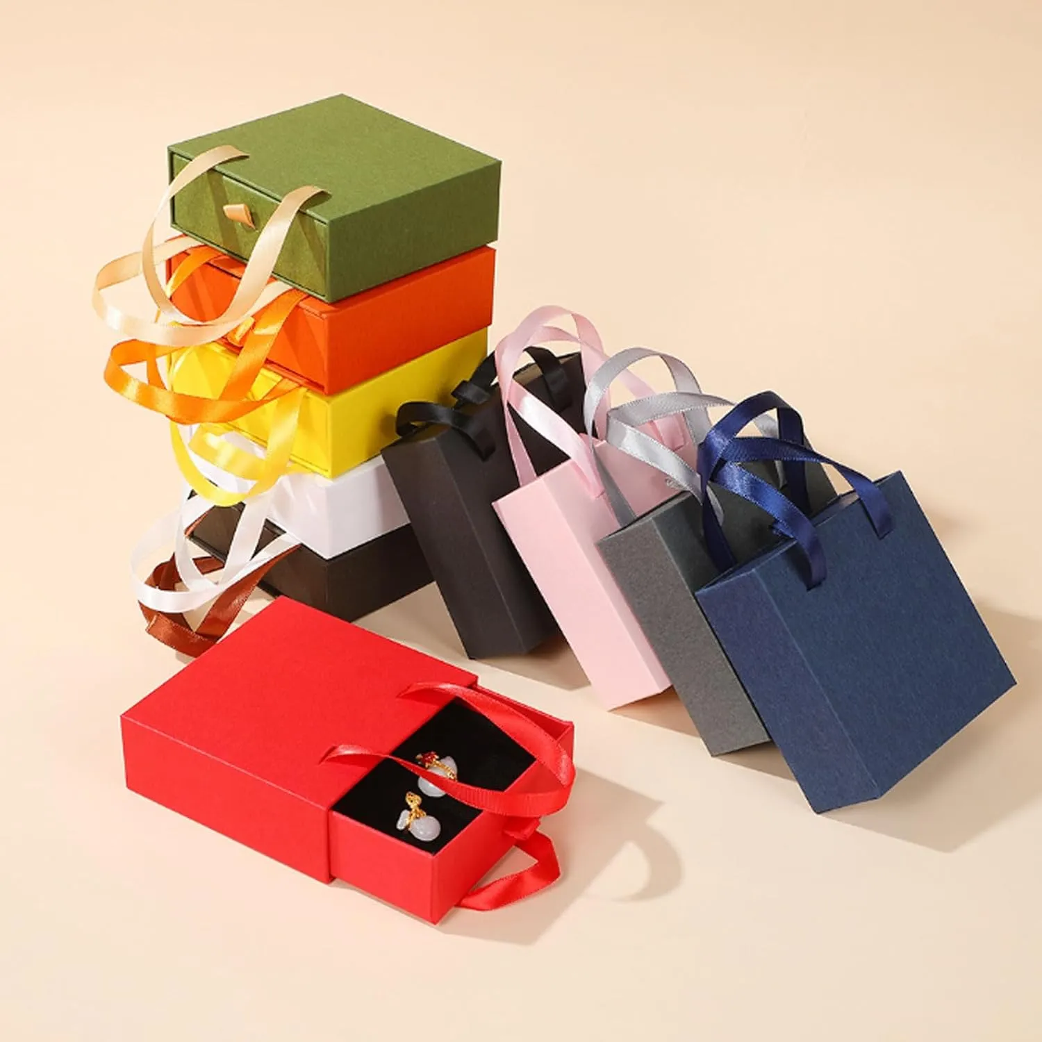 10 Pcs Jewelry Accessories Paper Jewelry Box Bracelet Necklace Ring Earring Box Kraft Gifts Packaging Box with Ribbon Handle Jewelry Bags