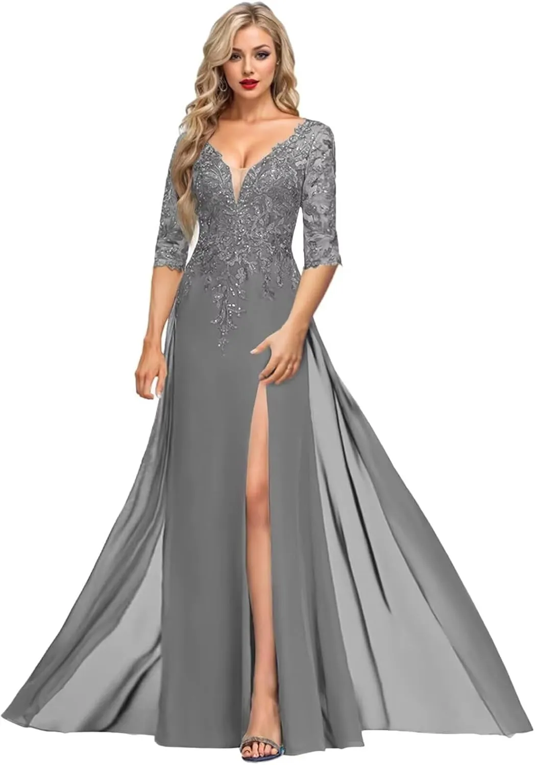 1/2 Sleeve Mother of The Bride Dresses for Women Lace Applique Sequin Slit Formal Evening Dresses for Women Elegant