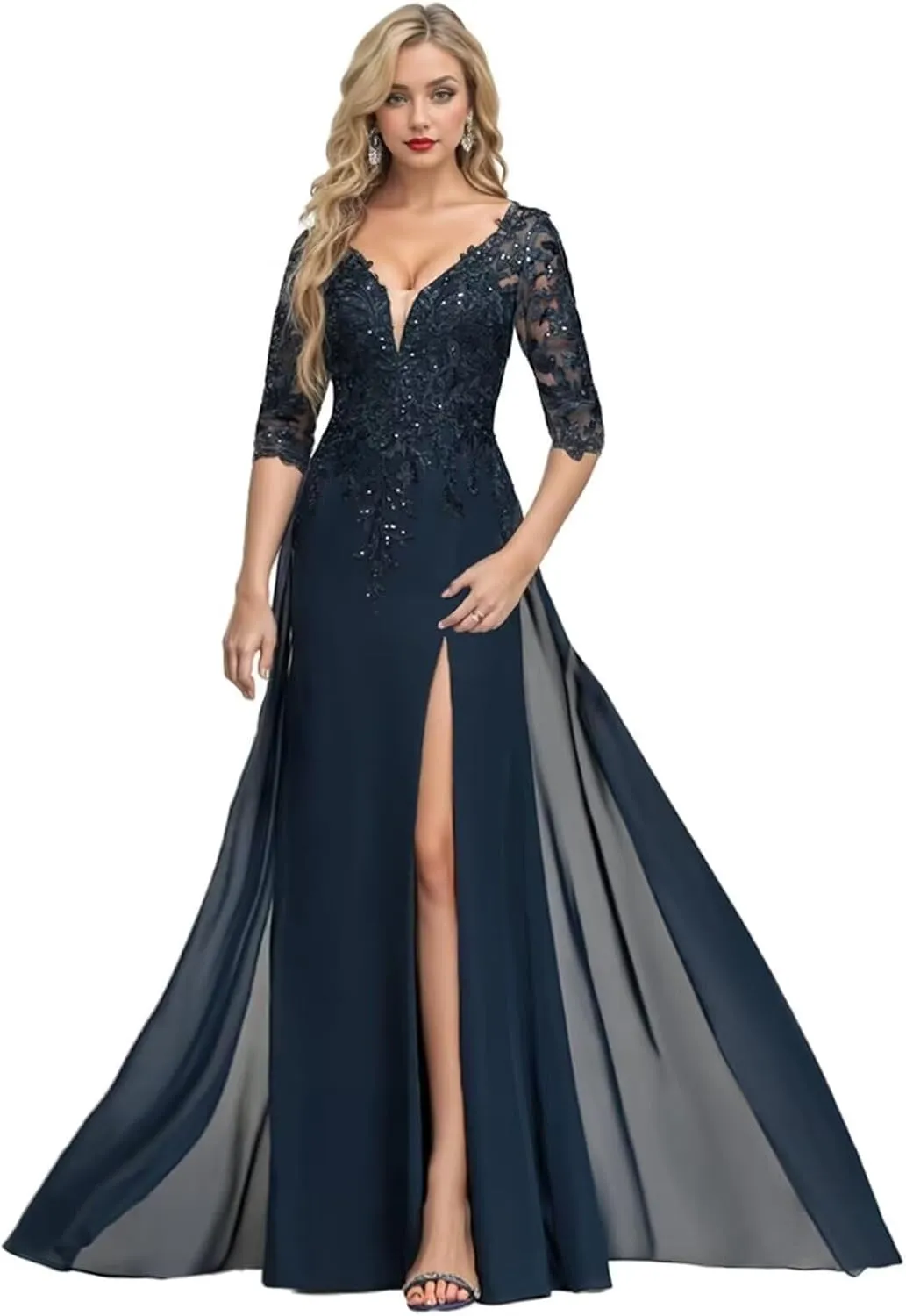 1/2 Sleeve Mother of The Bride Dresses for Women Lace Applique Sequin Slit Formal Evening Dresses for Women Elegant