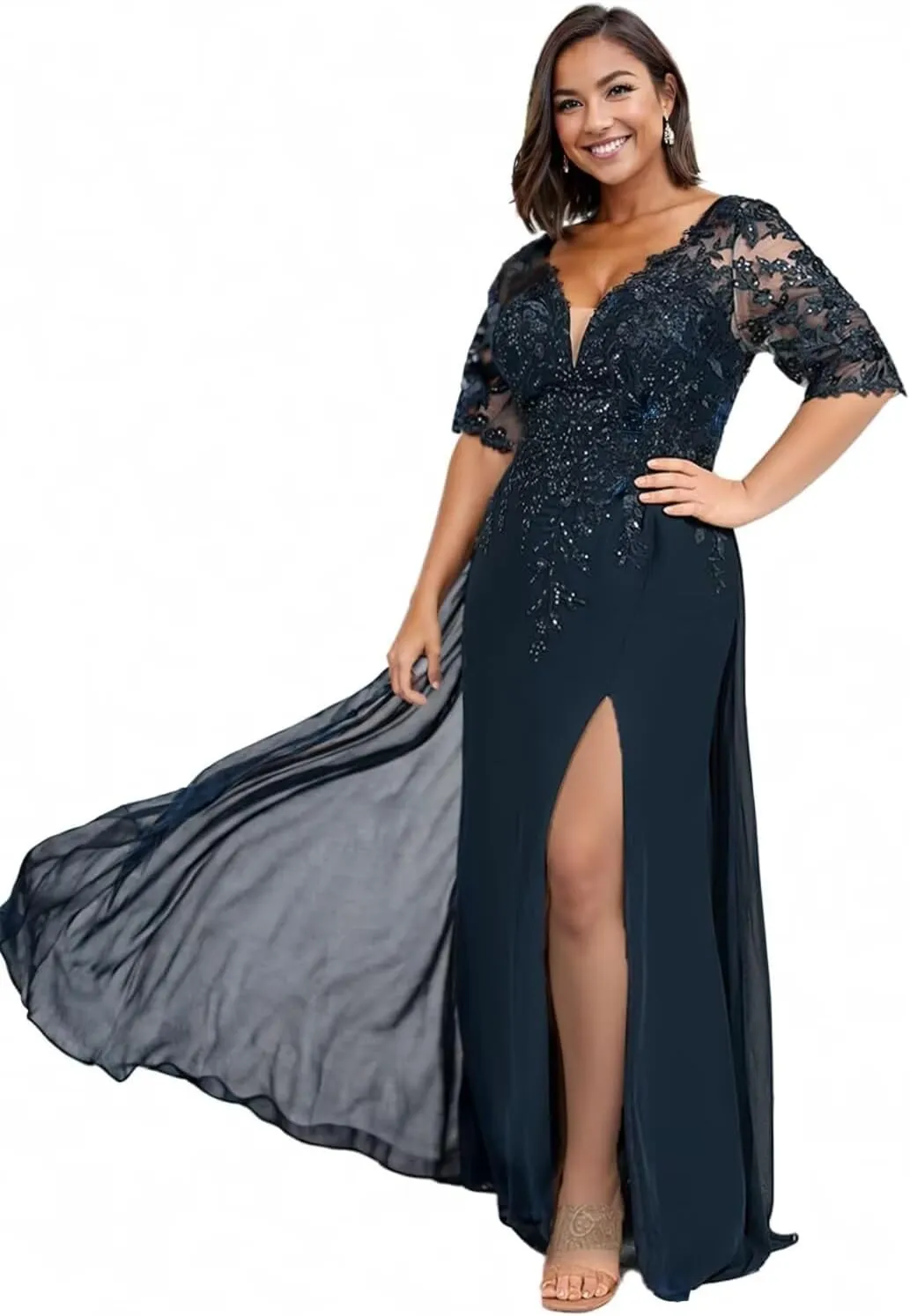 1/2 Sleeve Mother of The Bride Dresses for Women Lace Applique Sequin Slit Formal Evening Dresses for Women Elegant