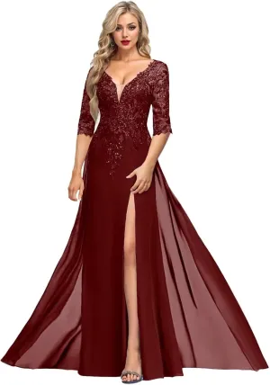 1/2 Sleeve Mother of The Bride Dresses for Women Lace Applique Sequin Slit Formal Evening Dresses for Women Elegant