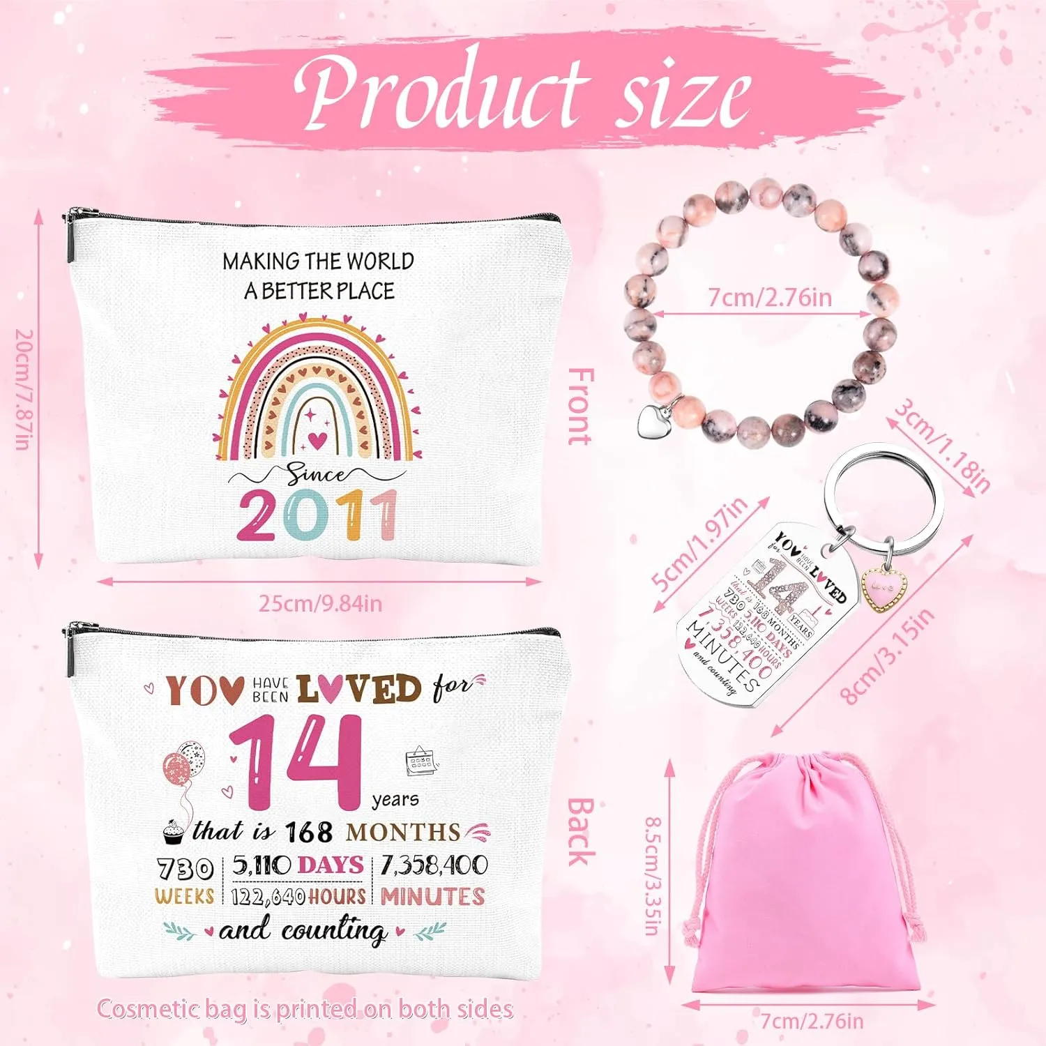14th Birthday Gifts for Girls - 2011 Birthday Makeup Bag, You Have Been Loved For 14 Years Keychain, Healing Bracelets with Heart Charm, 14 Year Old Birth Gift Ideas for Daughter Sister