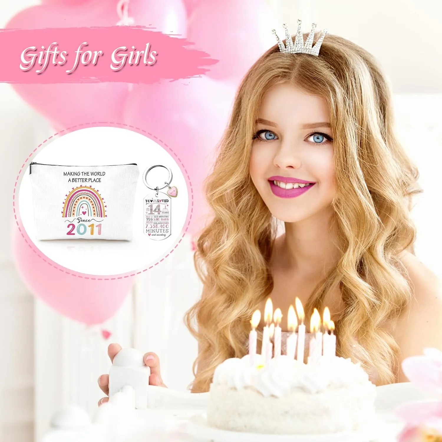 14th Birthday Gifts for Girls - 2011 Birthday Makeup Bag, You Have Been Loved For 14 Years Keychain, Healing Bracelets with Heart Charm, 14 Year Old Birth Gift Ideas for Daughter Sister