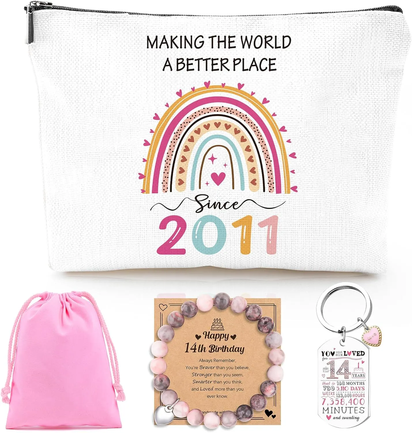14th Birthday Gifts for Girls - 2011 Birthday Makeup Bag, You Have Been Loved For 14 Years Keychain, Healing Bracelets with Heart Charm, 14 Year Old Birth Gift Ideas for Daughter Sister