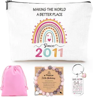 14th Birthday Gifts for Girls - 2011 Birthday Makeup Bag, You Have Been Loved For 14 Years Keychain, Healing Bracelets with Heart Charm, 14 Year Old Birth Gift Ideas for Daughter Sister