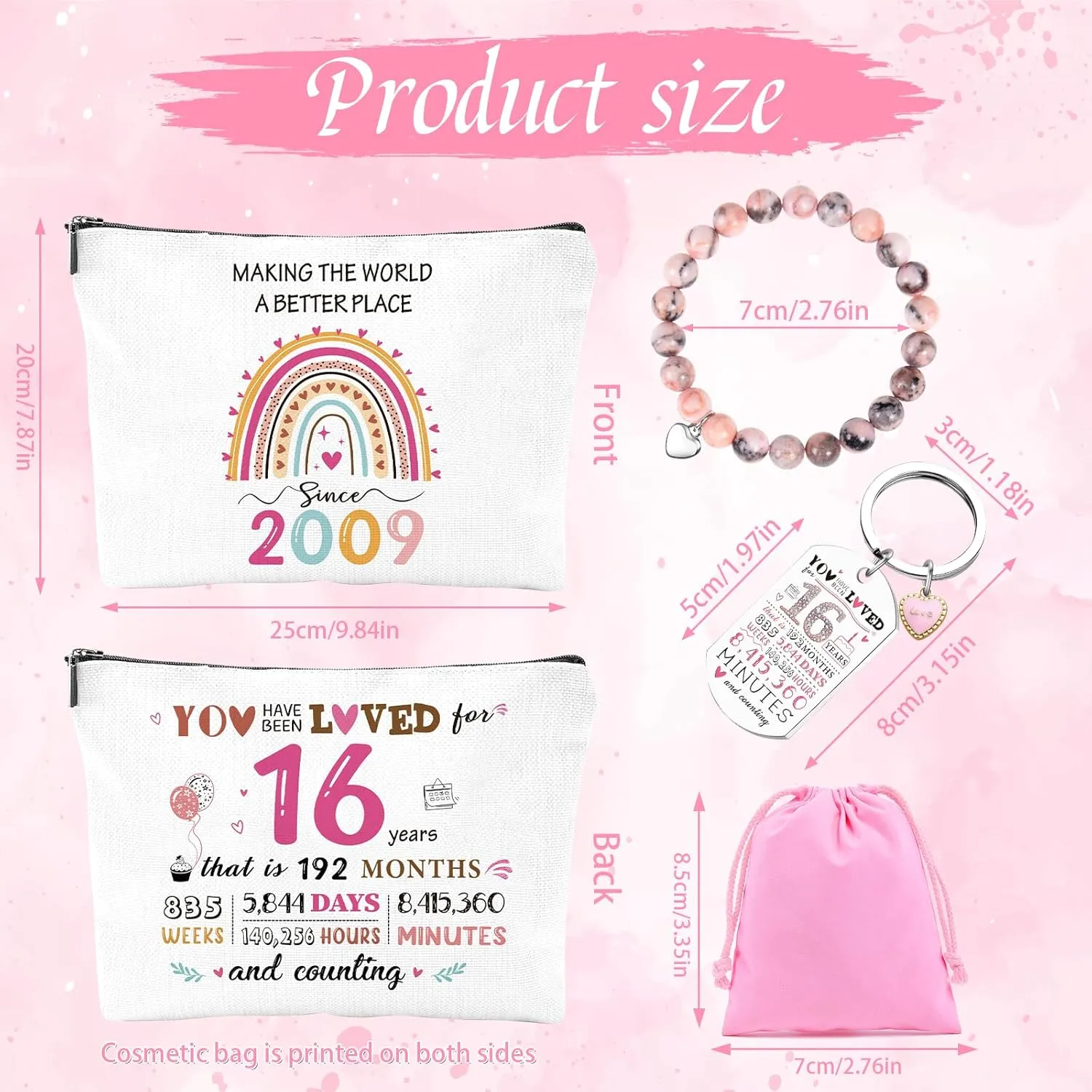 16th Birthday Gifts for Girls - 2009 Birthday Makeup Bag, You Have Been Loved For 16 Years Keychain, Healing Bracelets with Heart Charm, 16 Year Old Birth Gift Ideas for Daughter Sister