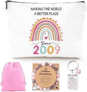 16th Birthday Gifts for Girls - 2009 Birthday Makeup Bag, You Have Been Loved For 16 Years Keychain, Healing Bracelets with Heart Charm, 16 Year Old Birth Gift Ideas for Daughter Sister