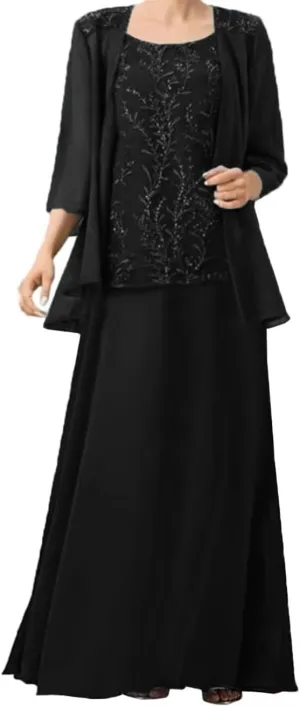 2 PCS Mother of Bride Dresses with Jacket Long Mother of The Groom Dress Laces Chiffon 2-Pieces Formal Evening Gowns