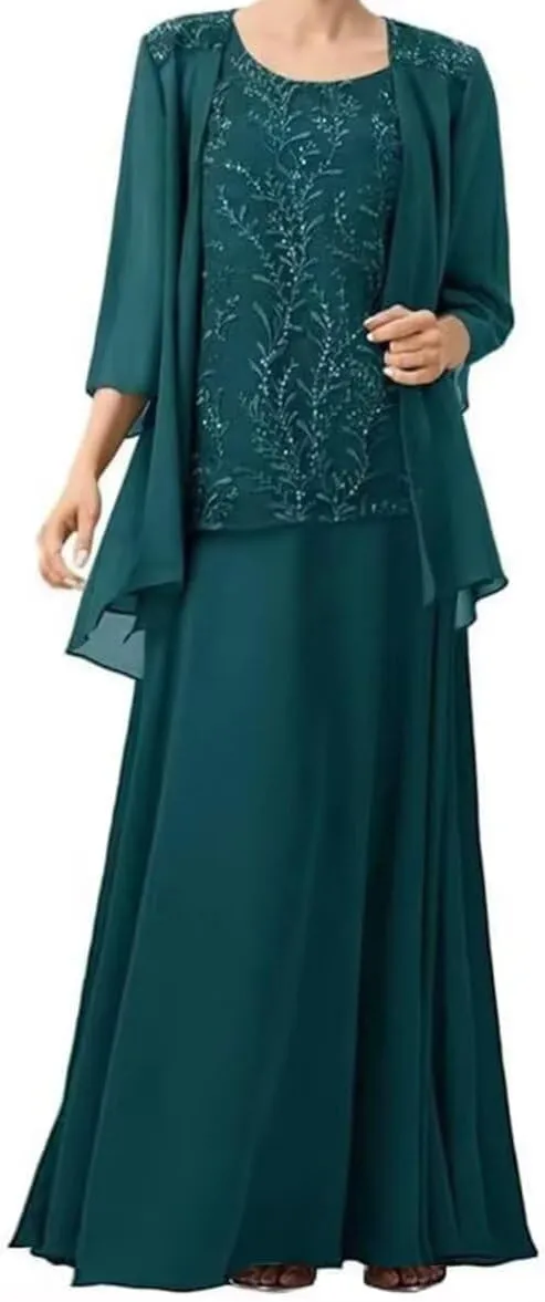 2 PCS Mother of Bride Dresses with Jacket Long Mother of The Groom Dress Laces Chiffon 2-Pieces Formal Evening Gowns