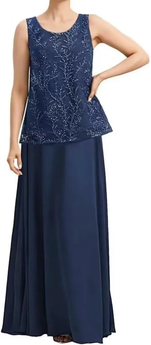 2 PCS Mother of Bride Dresses with Jacket Long Mother of The Groom Dress Laces Chiffon 2-Pieces Formal Evening Gowns