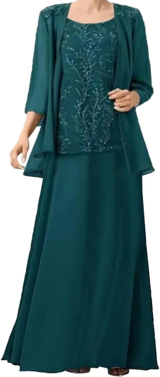 2 PCS Mother of Bride Dresses with Jacket Long Mother of The Groom Dress Laces Chiffon 2-Pieces Formal Evening Gowns