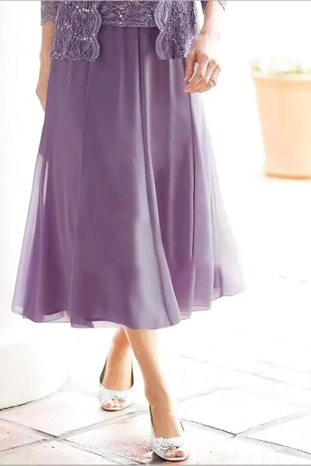 2 Piece Grandmother of The Bride Dresses for Wedding Tea Length Lace Formal Evening Gowns with Jacket
