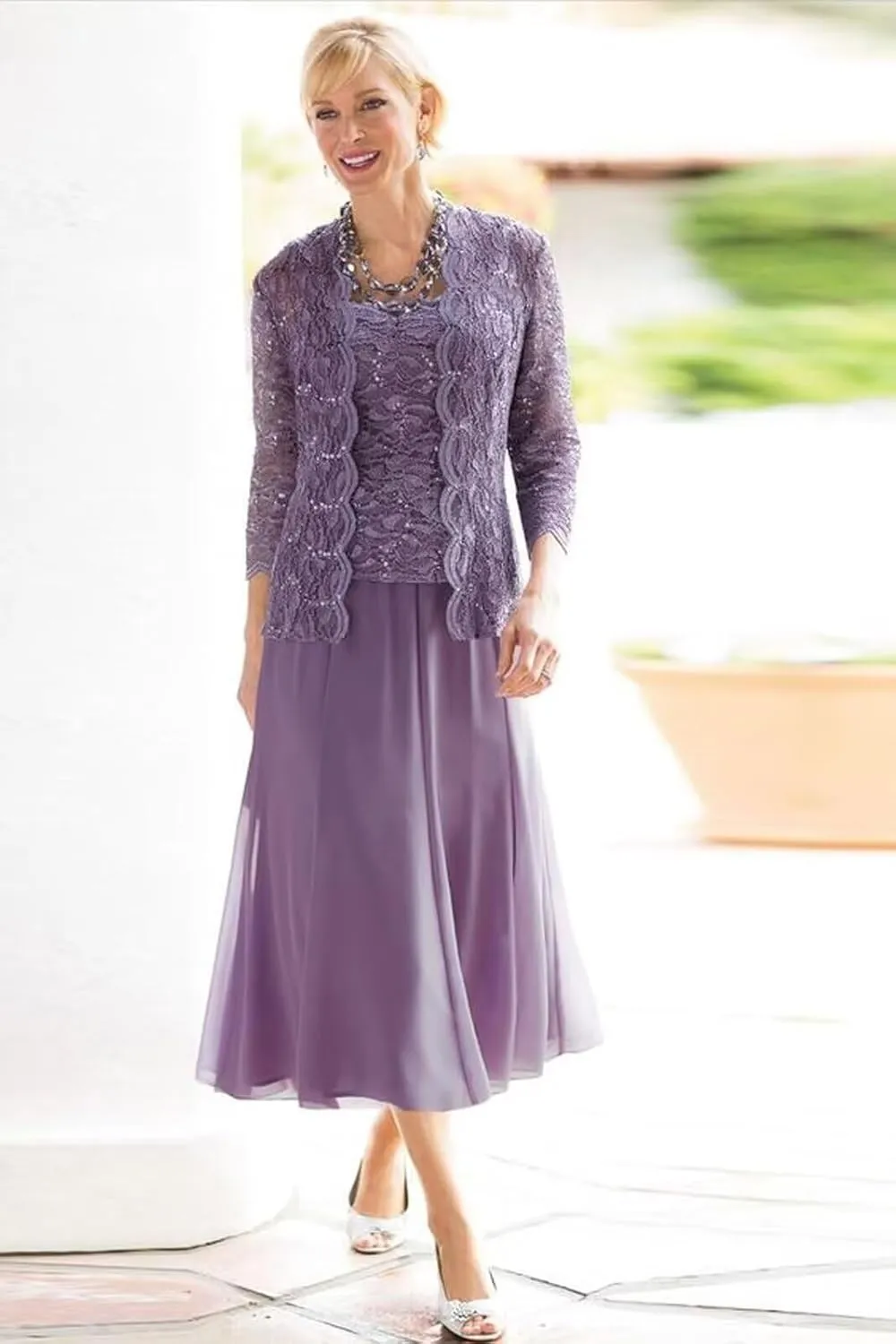 2 Piece Grandmother of The Bride Dresses for Wedding Tea Length Lace Formal Evening Gowns with Jacket