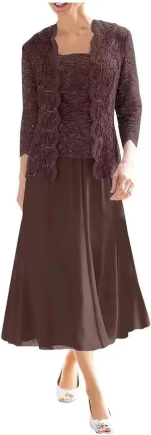2 Piece Grandmother of The Bride Dresses for Wedding Tea Length Lace Formal Evening Gowns with Jacket