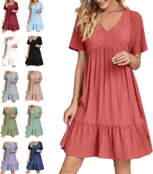 2025 Women's Summer Dresses Vacation Short Sleeve v Neck Mini T Shirt Dress Pleated Ruffle Flowy Tiered Beach Sundresses