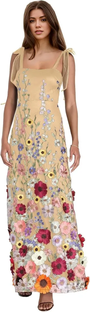 3D Flower Prom Dresses for Women Long Flower Formal Gowns Spaghetti Straps Floral Evening Party Dresses DR0618