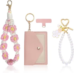 3Pcs Car Key Chain with Wallet Cute Wristlet Bracelet Keychain for Women Wrist Ring Accessories for Keys Stylish Wallets and Keychains for Women Pink Key Chains for Keys and Wristlet Bracelets