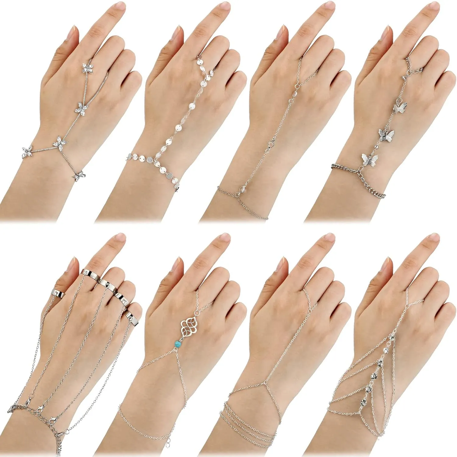 8 Pieces Hand Chain Set Ring Bracelet Ring Hand Chain Crystal Finger Chain Bracelet Bohemian Hand Jewelry for Women Valentines Day gifts