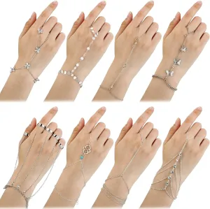 8 Pieces Hand Chain Set Ring Bracelet Ring Hand Chain Crystal Finger Chain Bracelet Bohemian Hand Jewelry for Women Valentines Day gifts