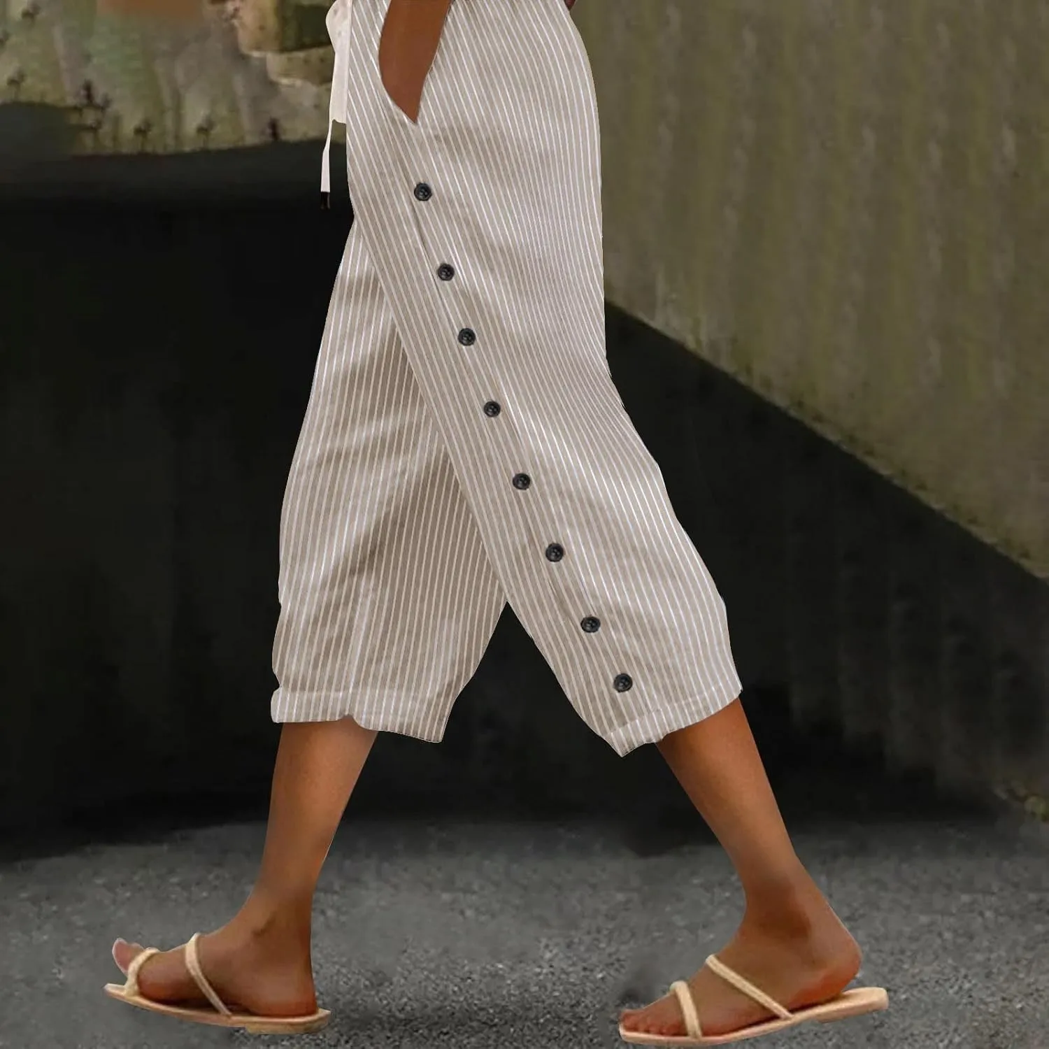 aihihe Linen Capri Pants for Women Casual Summer Striped Button Culottes Drawstring Cropped Pant Beach Travel Lounge Capris
