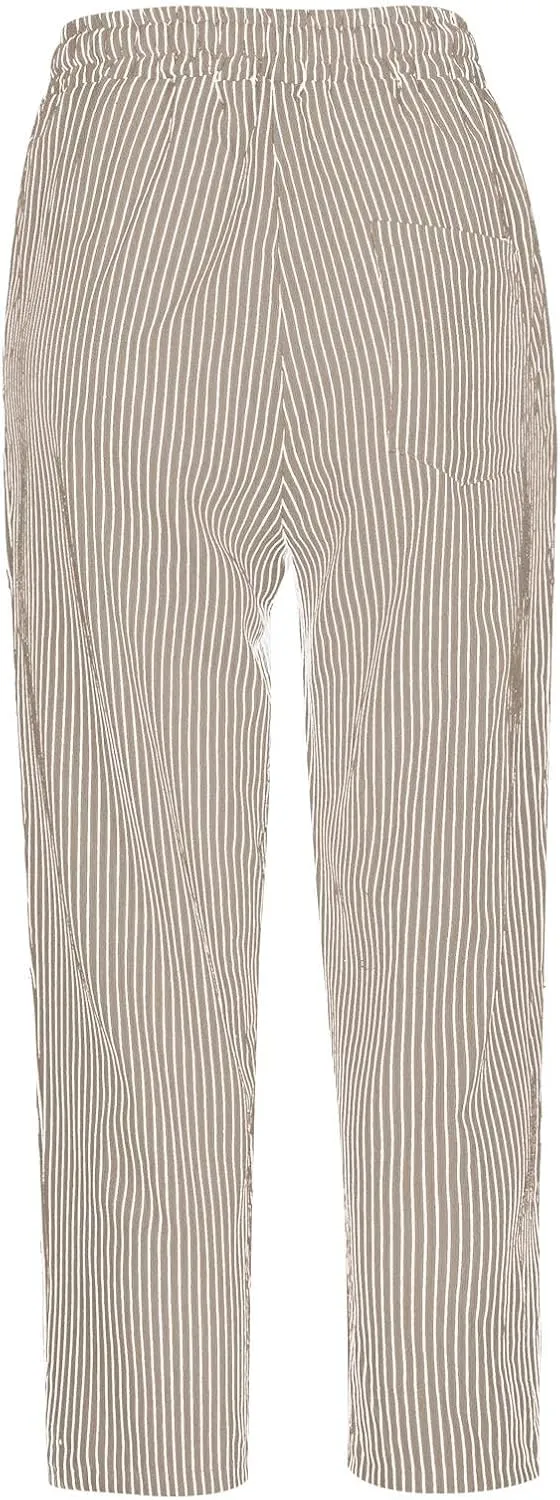 aihihe Linen Capri Pants for Women Casual Summer Striped Button Culottes Drawstring Cropped Pant Beach Travel Lounge Capris