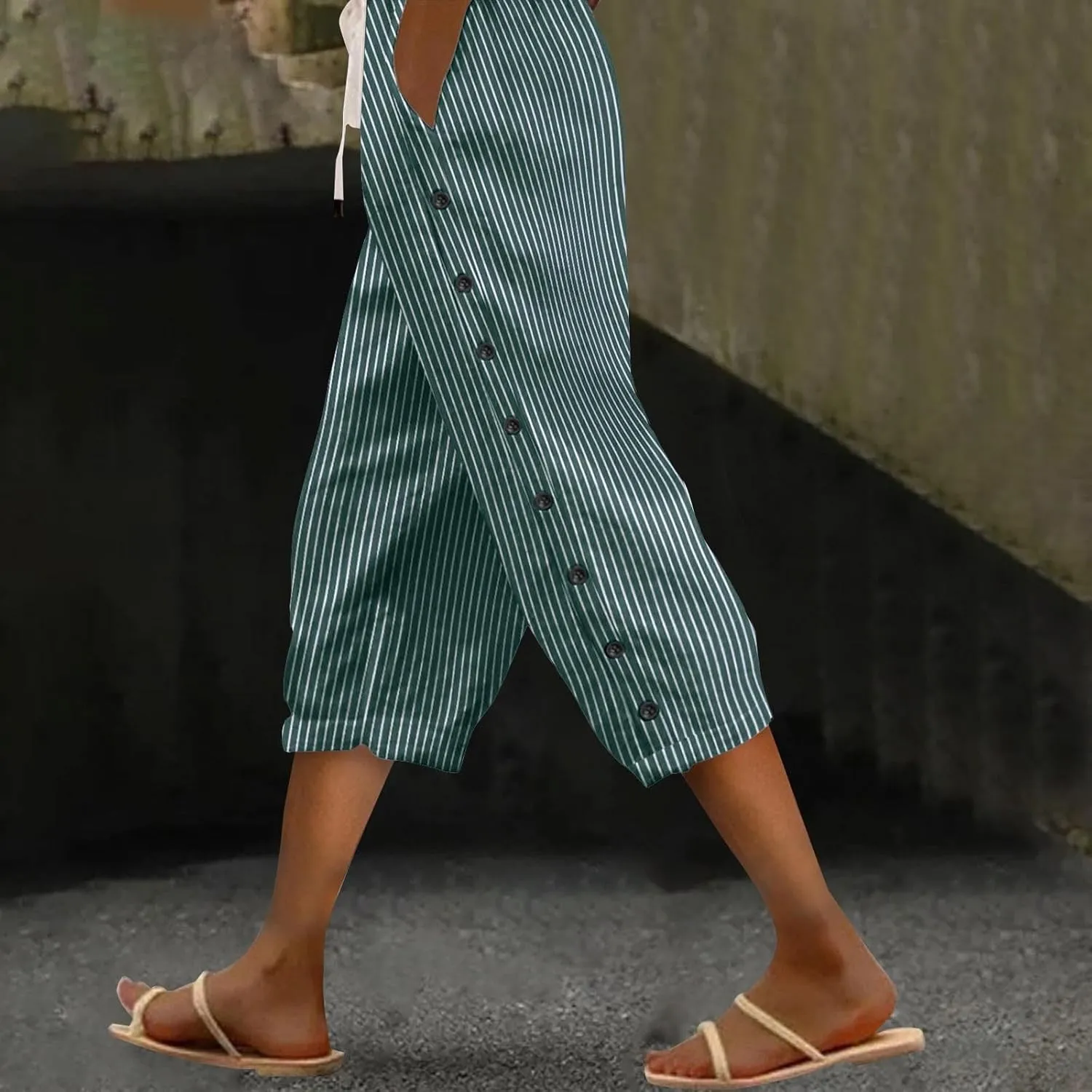 aihihe Linen Capri Pants for Women Casual Summer Striped Button Culottes Drawstring Cropped Pant Beach Travel Lounge Capris