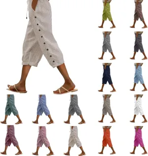 aihihe Linen Capri Pants for Women Casual Summer Striped Button Culottes Drawstring Cropped Pant Beach Travel Lounge Capris