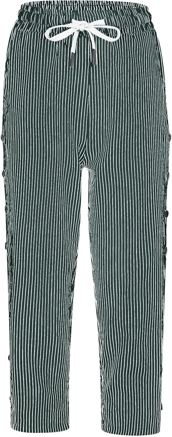 aihihe Linen Capri Pants for Women Casual Summer Striped Button Culottes Drawstring Cropped Pant Beach Travel Lounge Capris