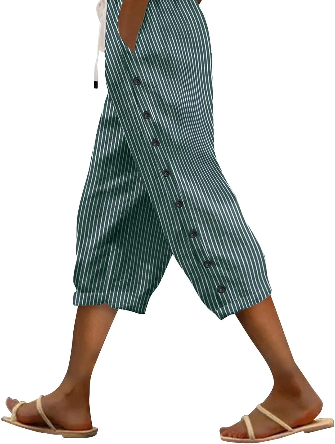 aihihe Linen Capri Pants for Women Casual Summer Striped Button Culottes Drawstring Cropped Pant Beach Travel Lounge Capris