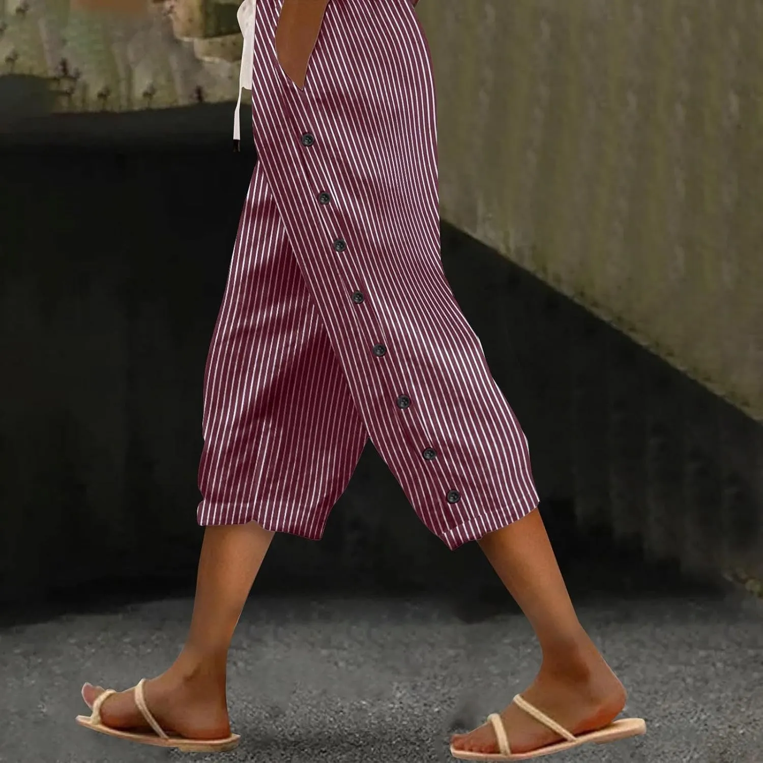 aihihe Linen Capri Pants for Women Casual Summer Striped Button Culottes Drawstring Cropped Pant Beach Travel Lounge Capris