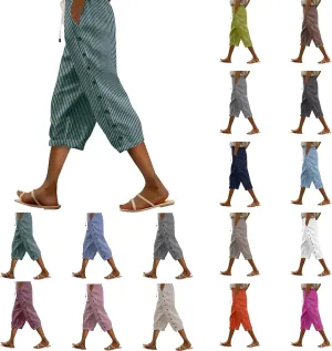 aihihe Linen Capri Pants for Women Casual Summer Striped Button Culottes Drawstring Cropped Pant Beach Travel Lounge Capris