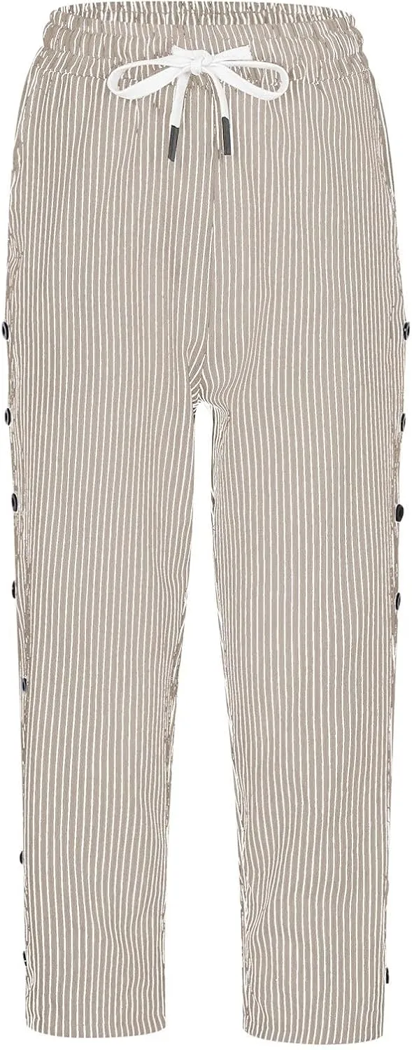 aihihe Linen Capri Pants for Women Casual Summer Striped Button Culottes Drawstring Cropped Pant Beach Travel Lounge Capris