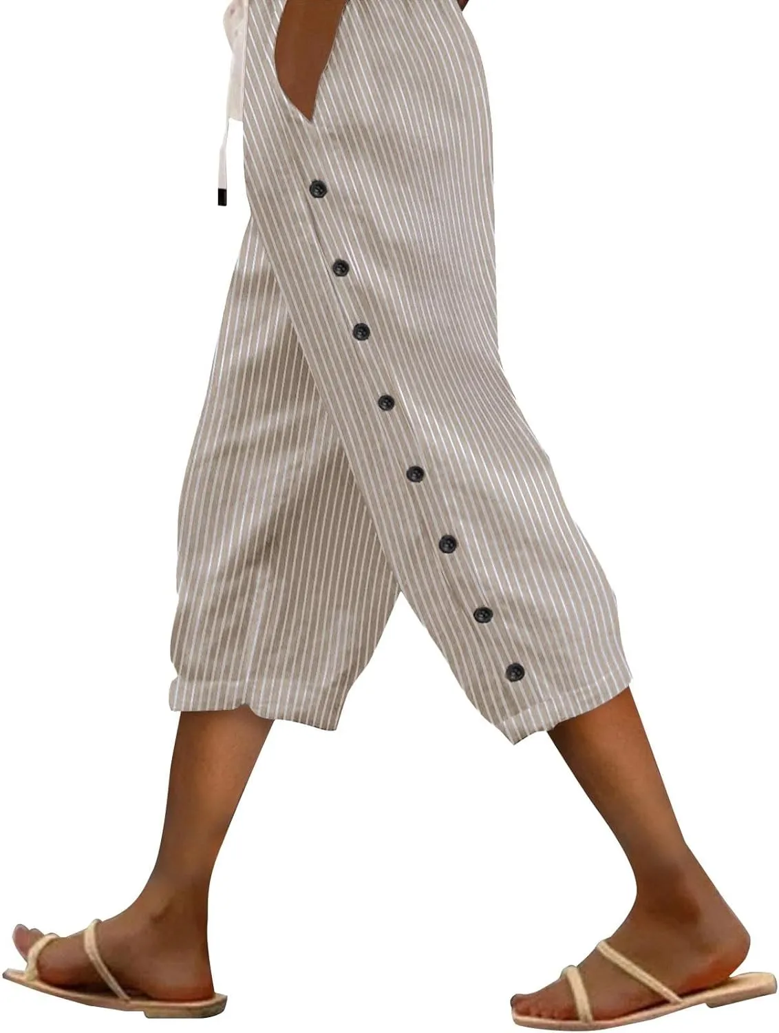 aihihe Linen Capri Pants for Women Casual Summer Striped Button Culottes Drawstring Cropped Pant Beach Travel Lounge Capris