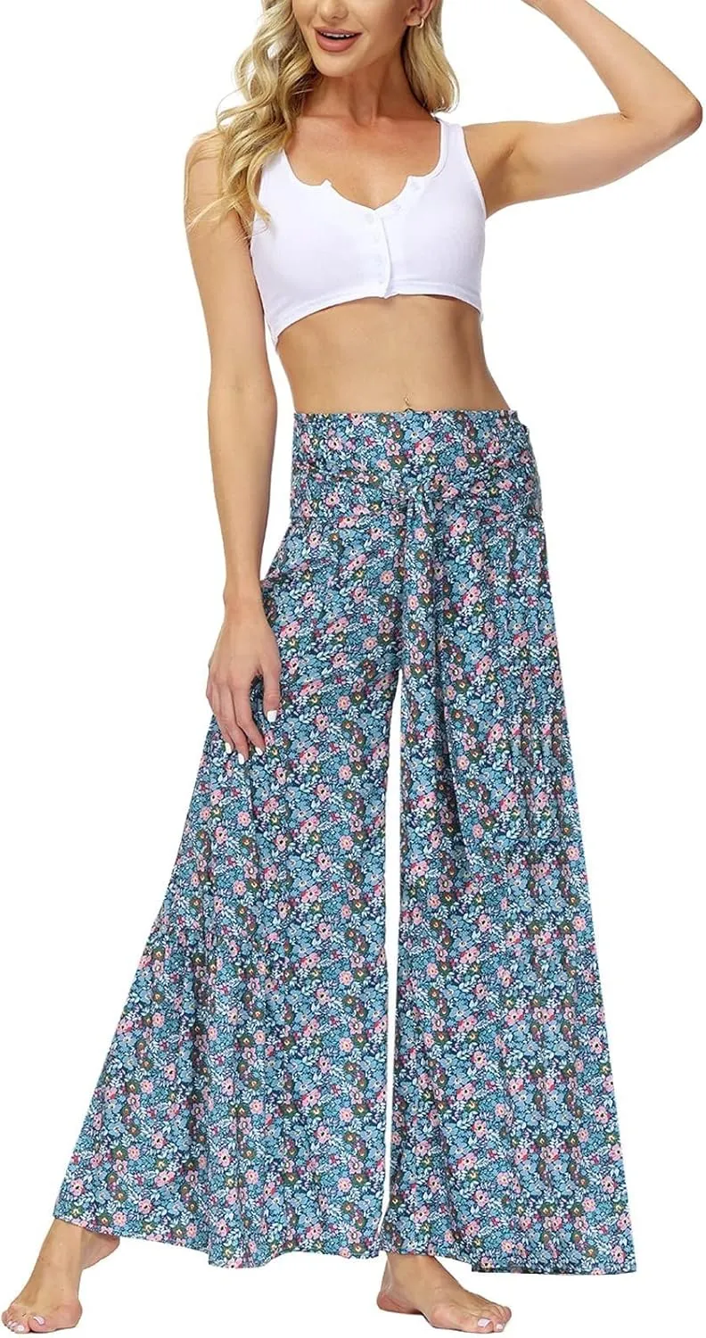 ALBIZIA High Waist Wide Leg Pant for Women Summer Casual Boho Floral Beach Pants Bohemian Belted Trousers