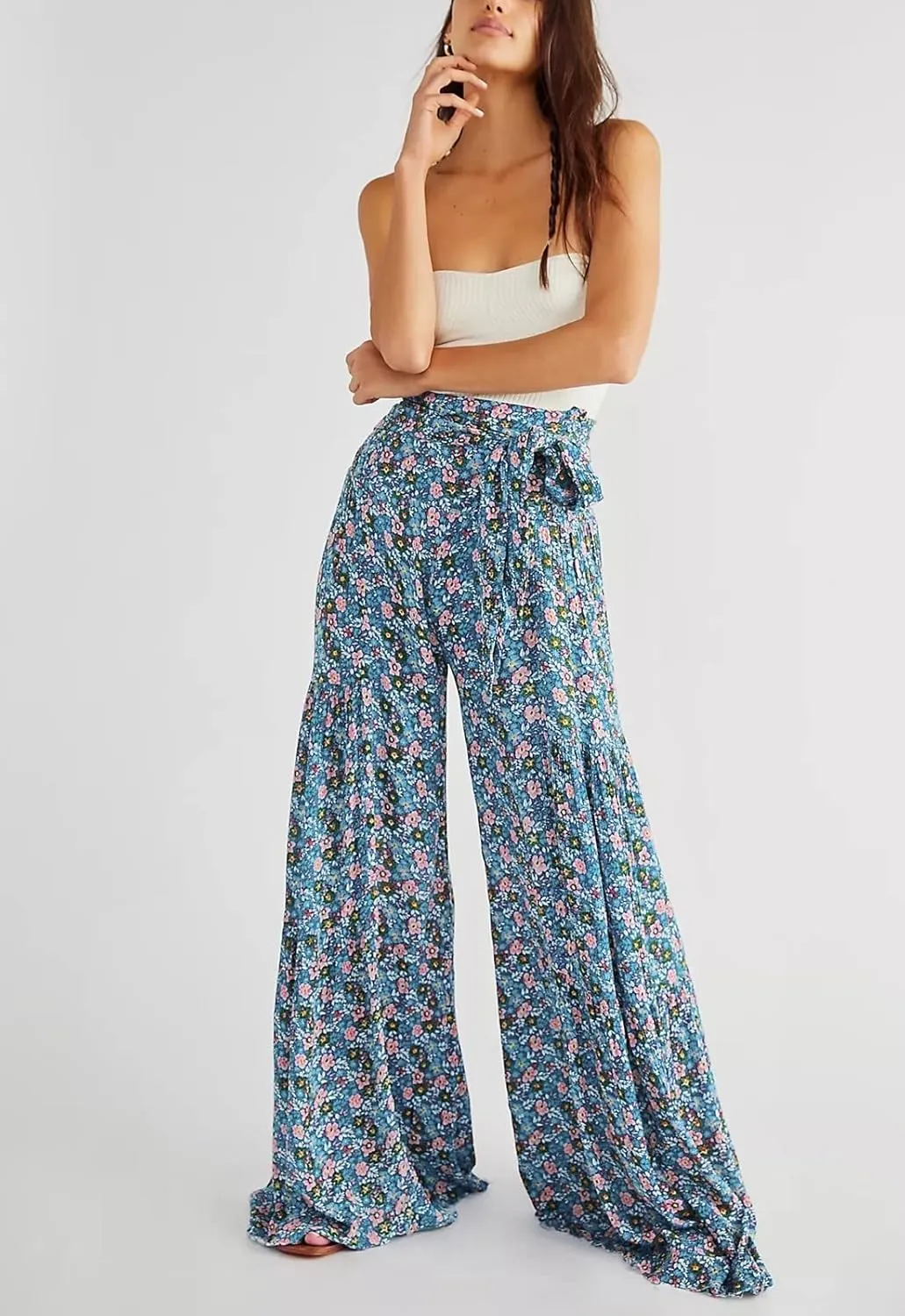 ALBIZIA High Waist Wide Leg Pant for Women Summer Casual Boho Floral Beach Pants Bohemian Belted Trousers