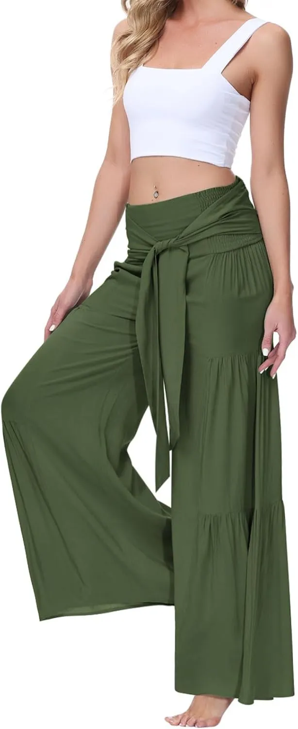ALBIZIA High Waist Wide Leg Pant for Women Summer Casual Boho Floral Beach Pants Bohemian Belted Trousers