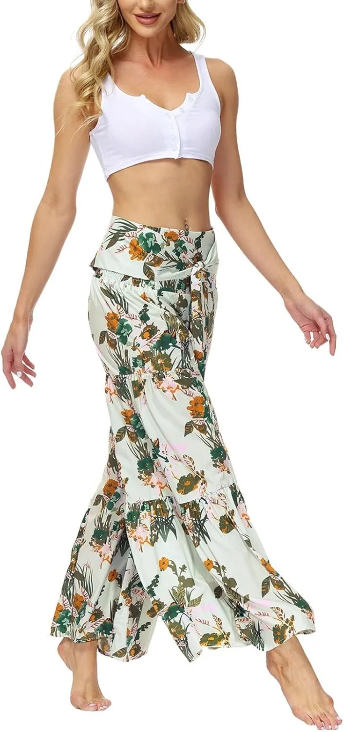 ALBIZIA High Waist Wide Leg Pant for Women Summer Casual Boho Floral Beach Pants Bohemian Belted Trousers