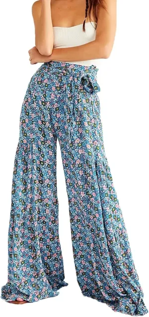 ALBIZIA High Waist Wide Leg Pant for Women Summer Casual Boho Floral Beach Pants Bohemian Belted Trousers