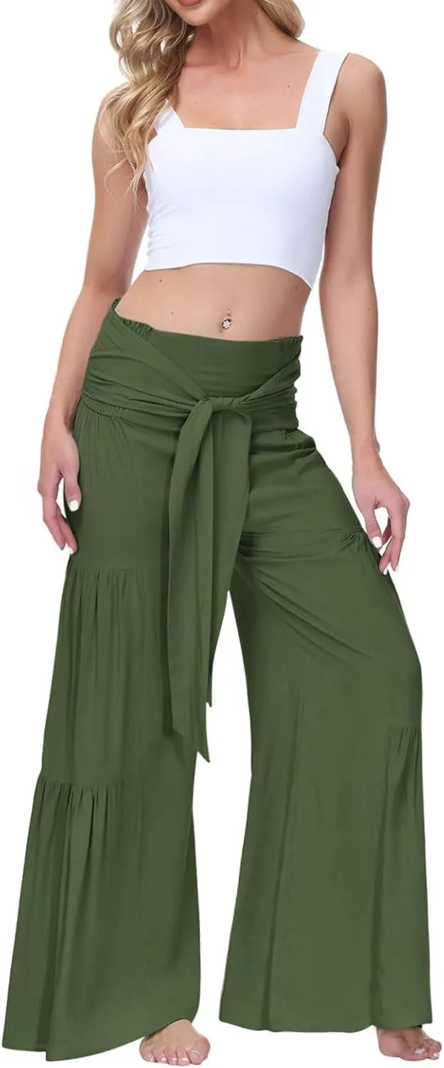 ALBIZIA High Waist Wide Leg Pant for Women Summer Casual Boho Floral Beach Pants Bohemian Belted Trousers