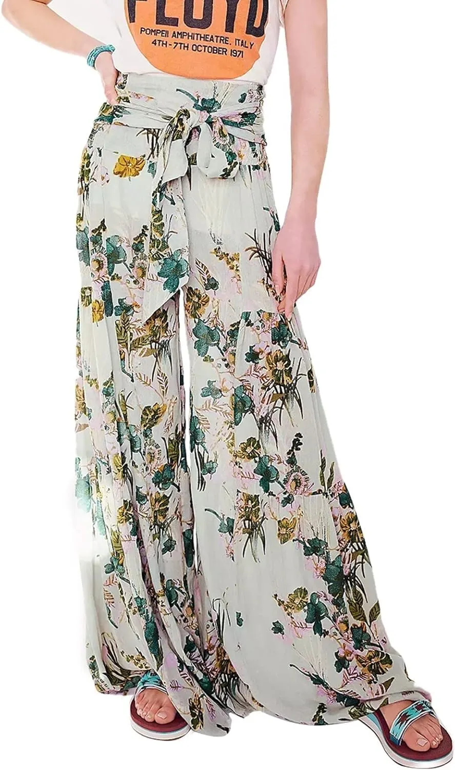 ALBIZIA High Waist Wide Leg Pant for Women Summer Casual Boho Floral Beach Pants Bohemian Belted Trousers