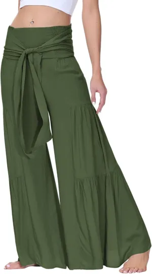 ALBIZIA High Waist Wide Leg Pant for Women Summer Casual Boho Floral Beach Pants Bohemian Belted Trousers