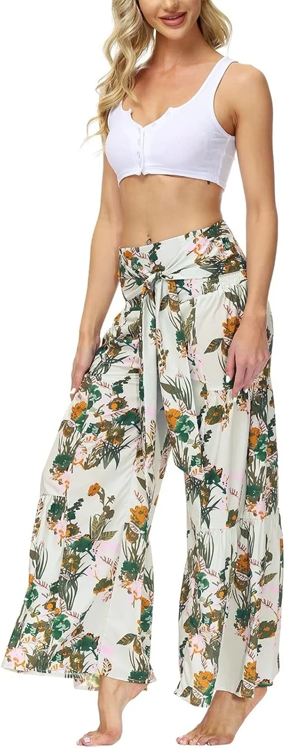 ALBIZIA High Waist Wide Leg Pant for Women Summer Casual Boho Floral Beach Pants Bohemian Belted Trousers