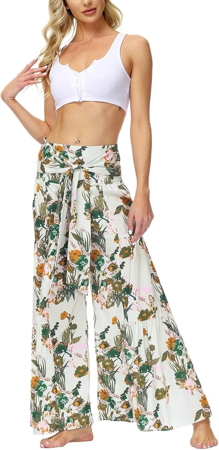 ALBIZIA High Waist Wide Leg Pant for Women Summer Casual Boho Floral Beach Pants Bohemian Belted Trousers