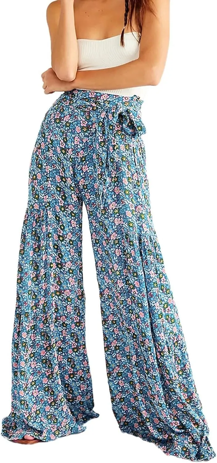 ALBIZIA High Waist Wide Leg Pant for Women Summer Casual Boho Floral Beach Pants Bohemian Belted Trousers