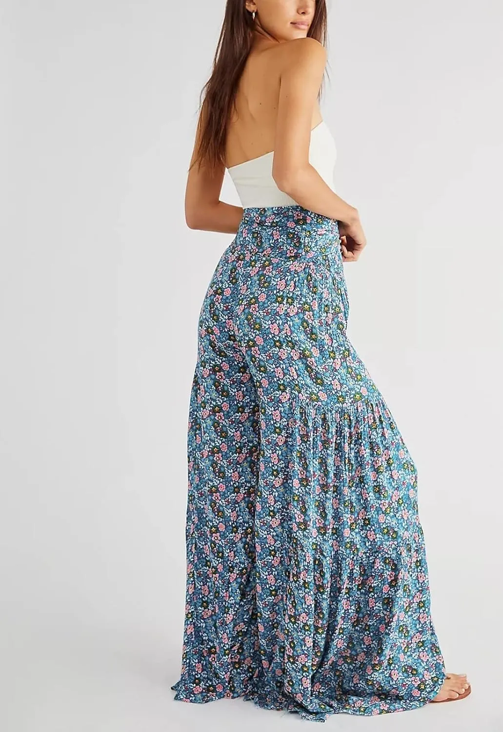 ALBIZIA High Waist Wide Leg Pant for Women Summer Casual Boho Floral Beach Pants Bohemian Belted Trousers