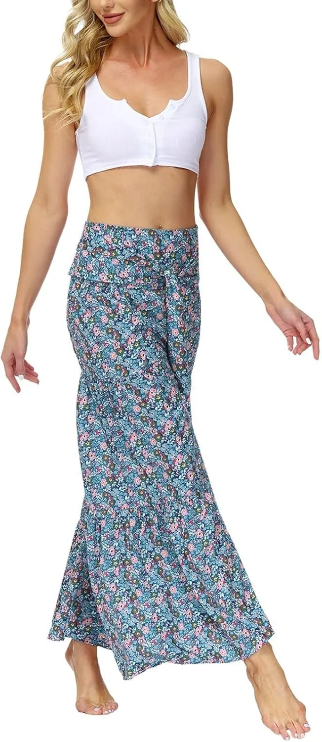 ALBIZIA High Waist Wide Leg Pant for Women Summer Casual Boho Floral Beach Pants Bohemian Belted Trousers
