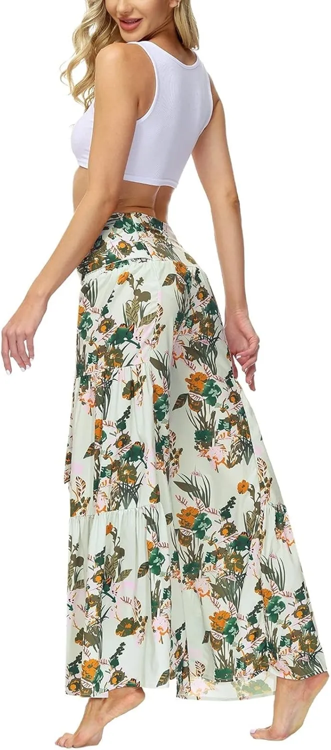 ALBIZIA High Waist Wide Leg Pant for Women Summer Casual Boho Floral Beach Pants Bohemian Belted Trousers