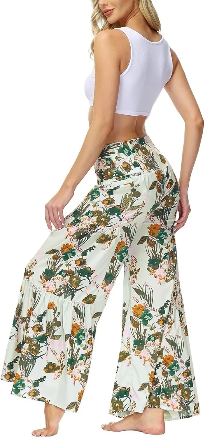 ALBIZIA High Waist Wide Leg Pant for Women Summer Casual Boho Floral Beach Pants Bohemian Belted Trousers