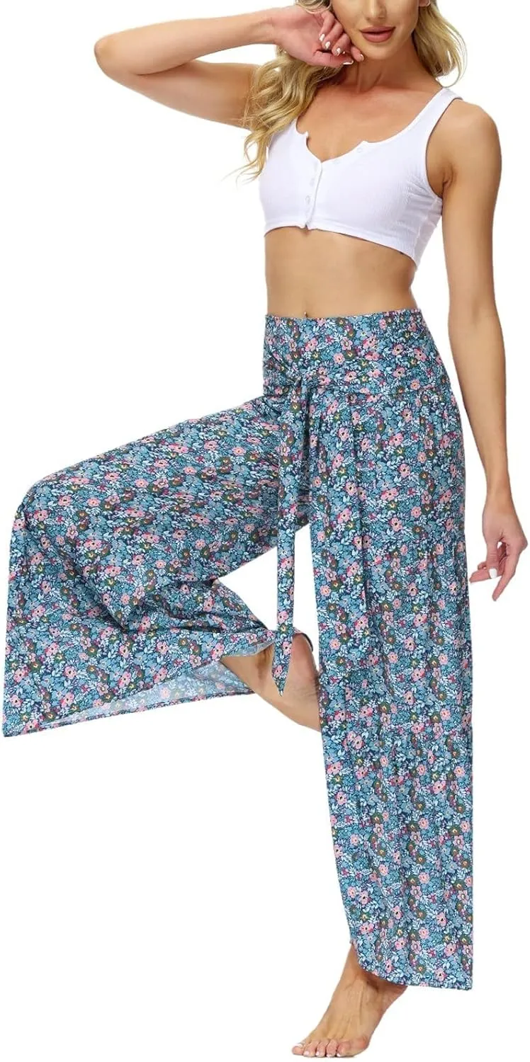 ALBIZIA High Waist Wide Leg Pant for Women Summer Casual Boho Floral Beach Pants Bohemian Belted Trousers