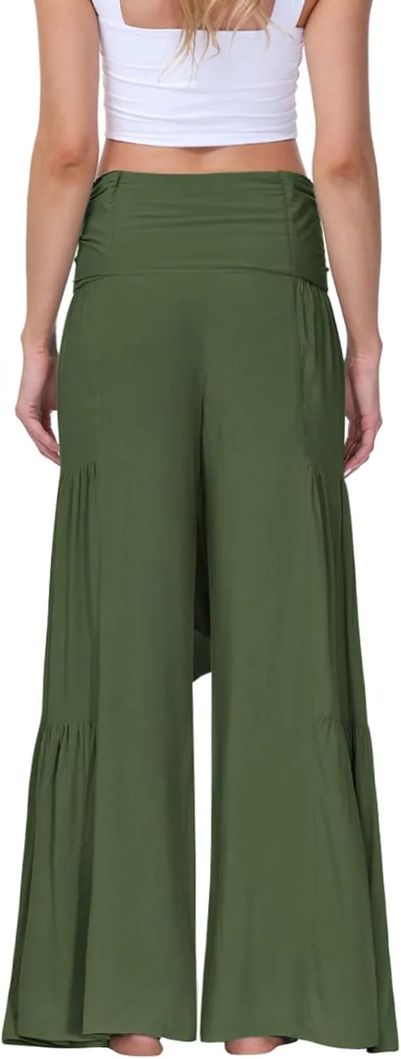 ALBIZIA High Waist Wide Leg Pant for Women Summer Casual Boho Floral Beach Pants Bohemian Belted Trousers